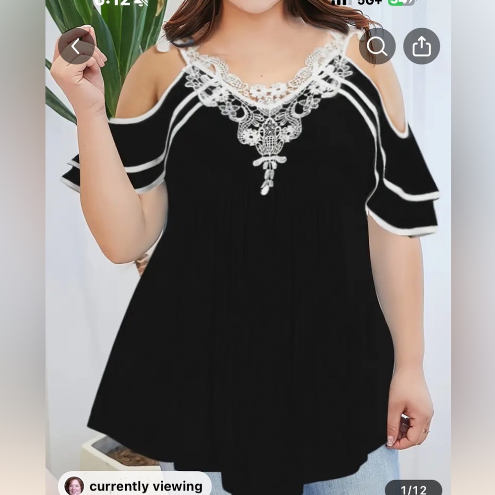 NWOT Elegant Lace Trim Cold Shoulder Tshirt with Ruffle Sleeves.